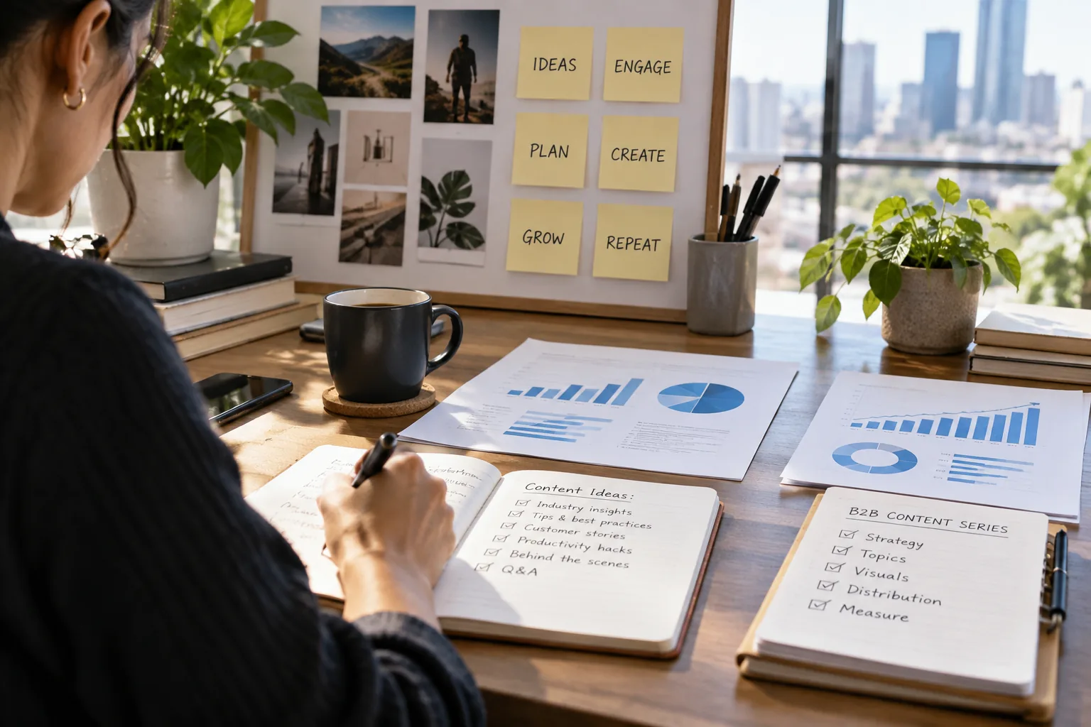 Aufgeräumter Arbeitsplatz mit Diagrammen und Notizen für eine B2B-LinkedIn-Content-Serie.