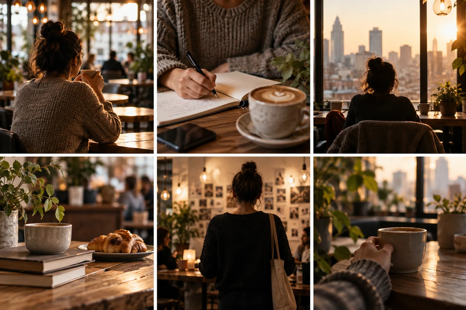 Warme, redaktionelle Cafészene, gestaltet als ansprechendes Social-Media-Karussell.