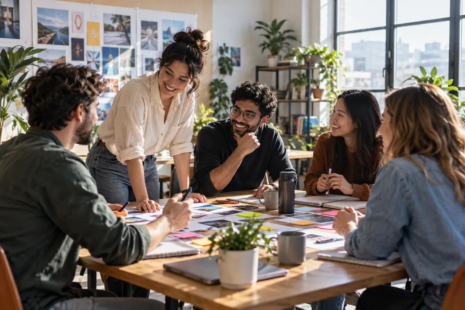 Kreatives Marketingteam, das in einem hellen Agenturstudio an einem Tisch zusammenarbeitet.
