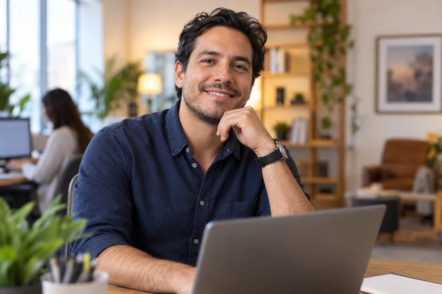 Porträt von Juan O., einem professionellen Marketer, der in einem warmen Büro lächelt.