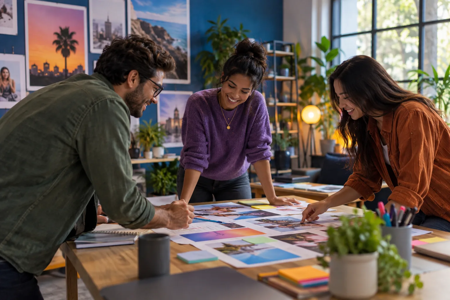 Konzentrierte Marketingstrategen, die Kampagnenmaterialien in einem farbenfrohen Studio prüfen.