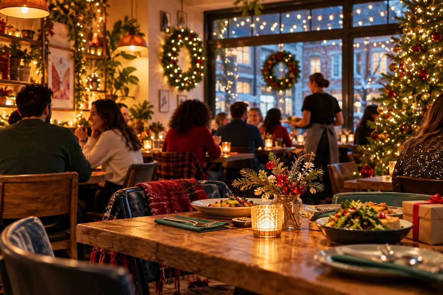 Helles Nachbarschaftsrestaurant, bereit für eine farbenfrohe Social-Media-Kampagne zur Feiertagssaison.