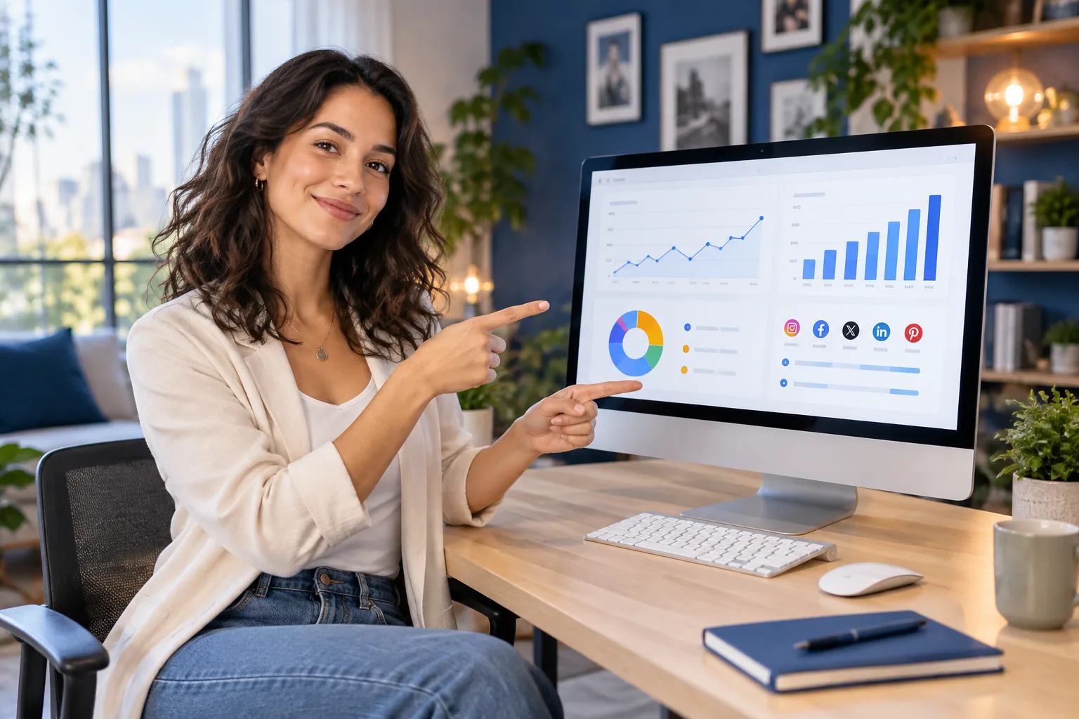 Selbstbewusster Social-Media-Manager, der in einem hellen, modernen Studio auf ein markenbezogenes Analyse-Dashboard zeigt.